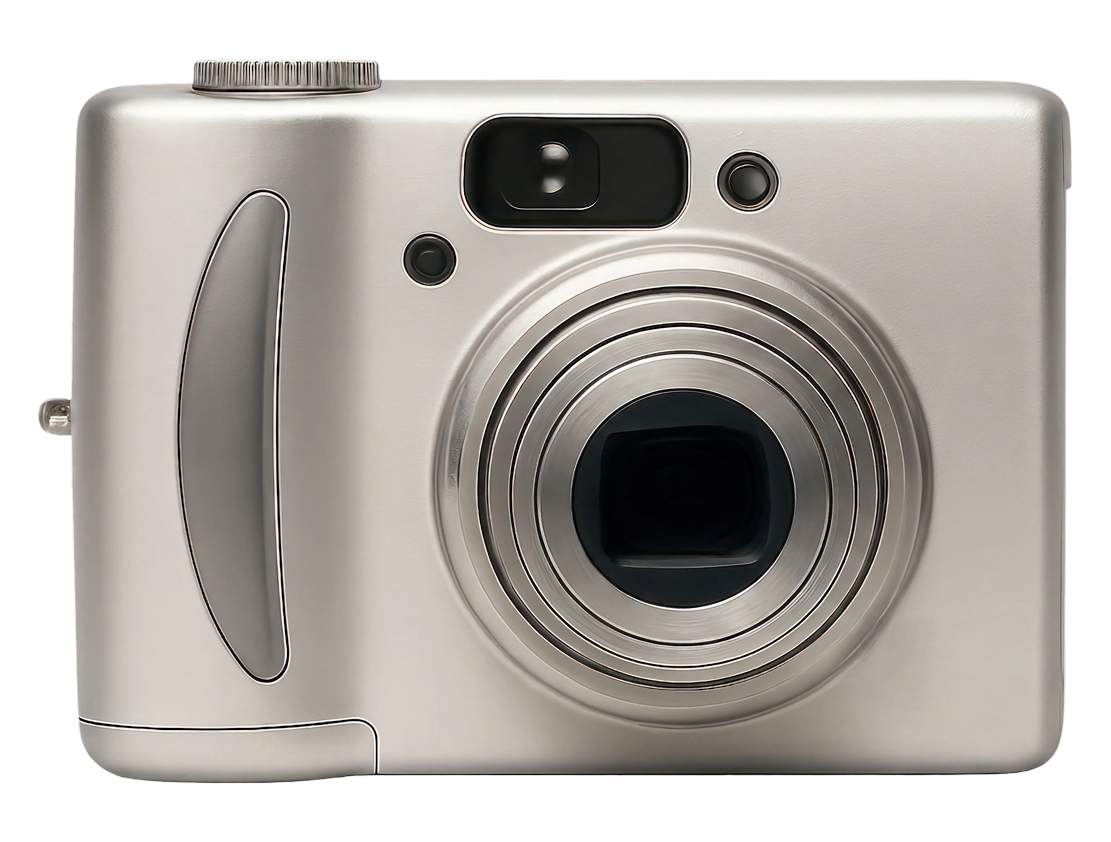 A silver compact digital camera, front view